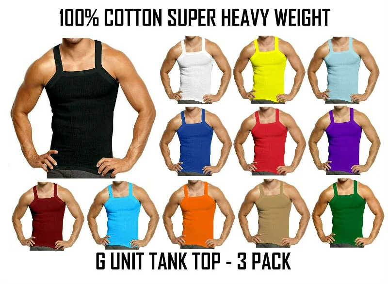 3-6 Packs Men's G-unit Style Cotton Tank Tops Square Cut Muscle Rib A-Shirts Assorted Colors