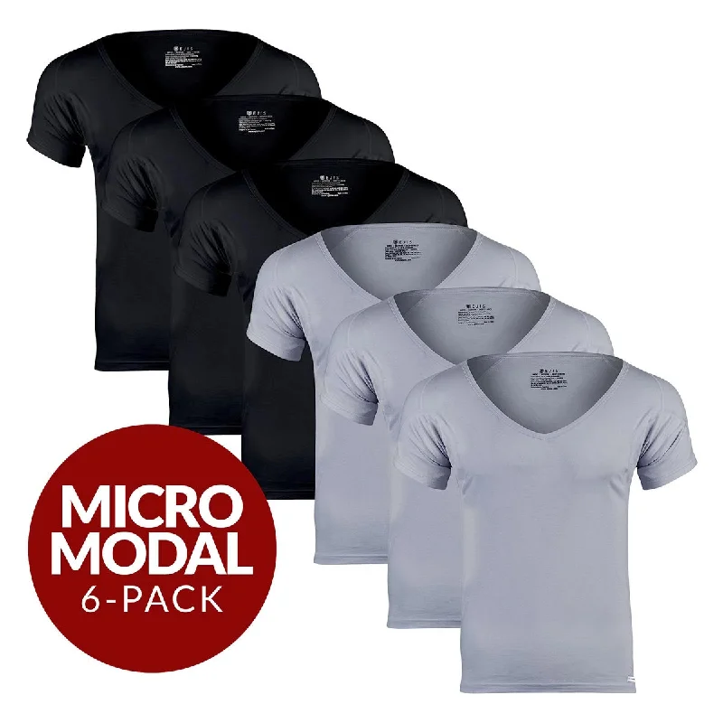 Deep V Micro Modal Sweat Proof Undershirt For Men - Mix 6-Pack (3x Black, Grey)