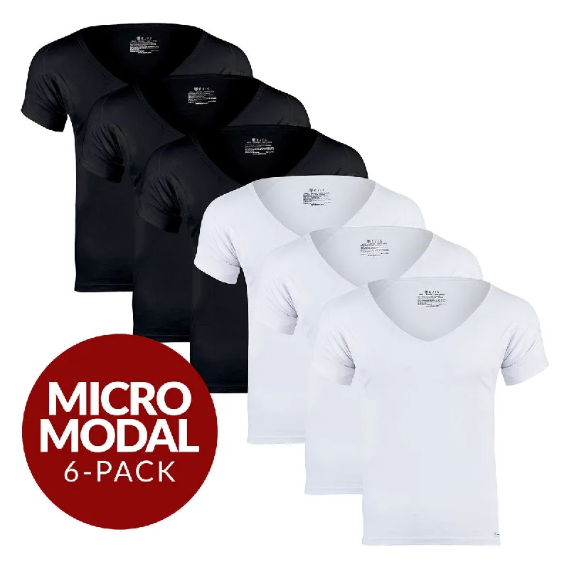 Deep V Micro Modal Sweat Proof Undershirt For Men - Mix 6-Pack (3x White, Black)