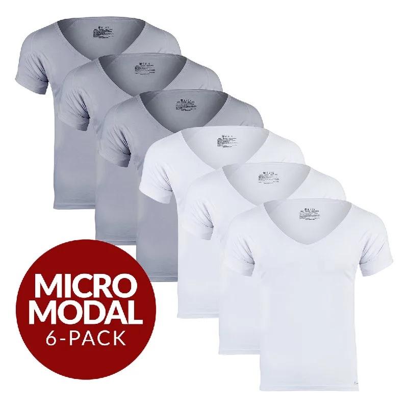 Deep V Micro Modal Sweat Proof Undershirt For Men - Mix 6-Pack (3x White, Grey)