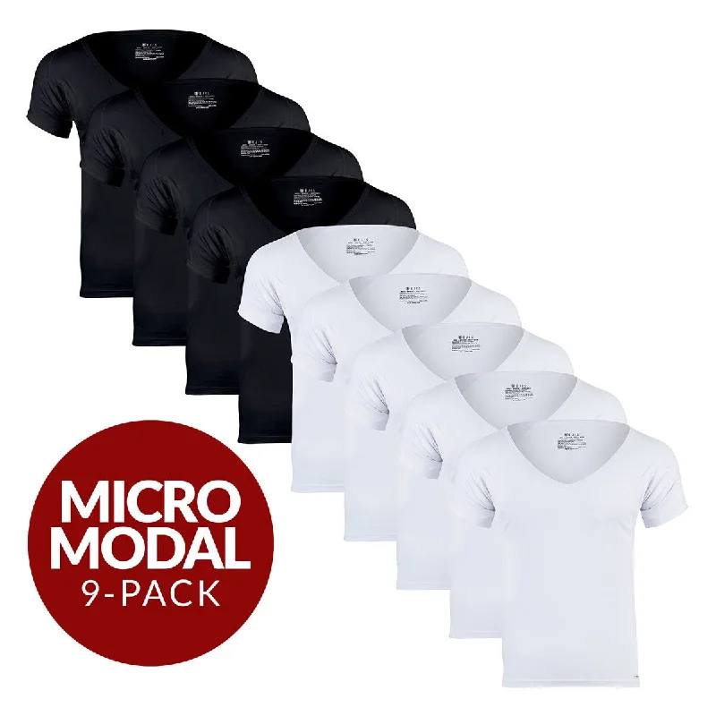 Deep V Micro Modal Sweat Proof Undershirt For Men - Mix 9-Pack (5x White, 4x Black)