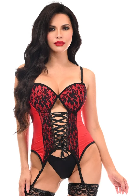 Lavish Red/Black Lycra & Lace Hook & Eye Lace-Up Bustier Corset w/Garters