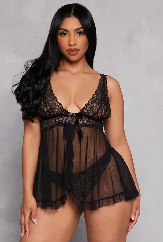 Bow Detail Lace Babydoll and Thong Panty