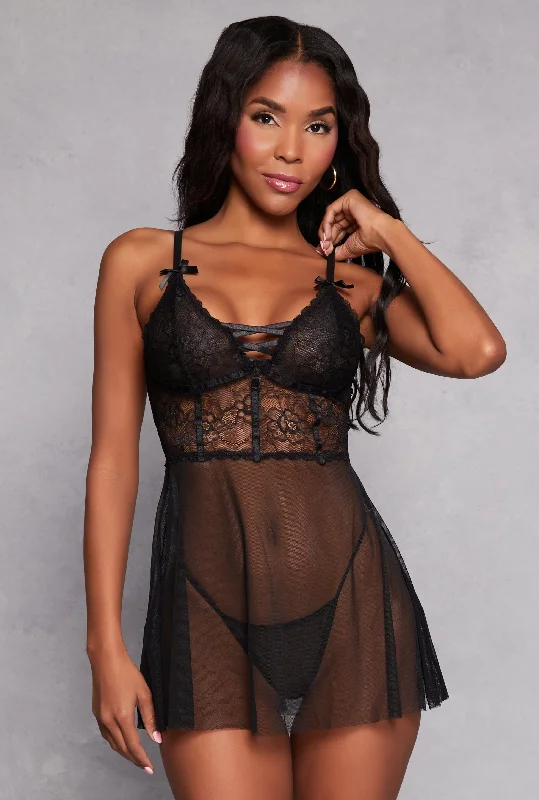 Mesh Lace Detail Babydoll and G String