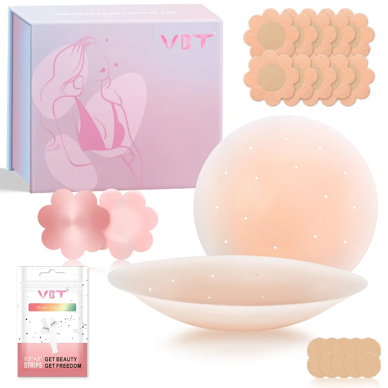 VBT Portable Kit-Washable Nipple Covers, 5 Satin Flower Breast Covers, 1 Silicone Pasties, 24 Pcs Clothing Tape, 5 Protective Nipple Stickers, A-G Cup, Color Beige